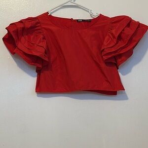 Zara Red Crop Top Ruffle Sleeves